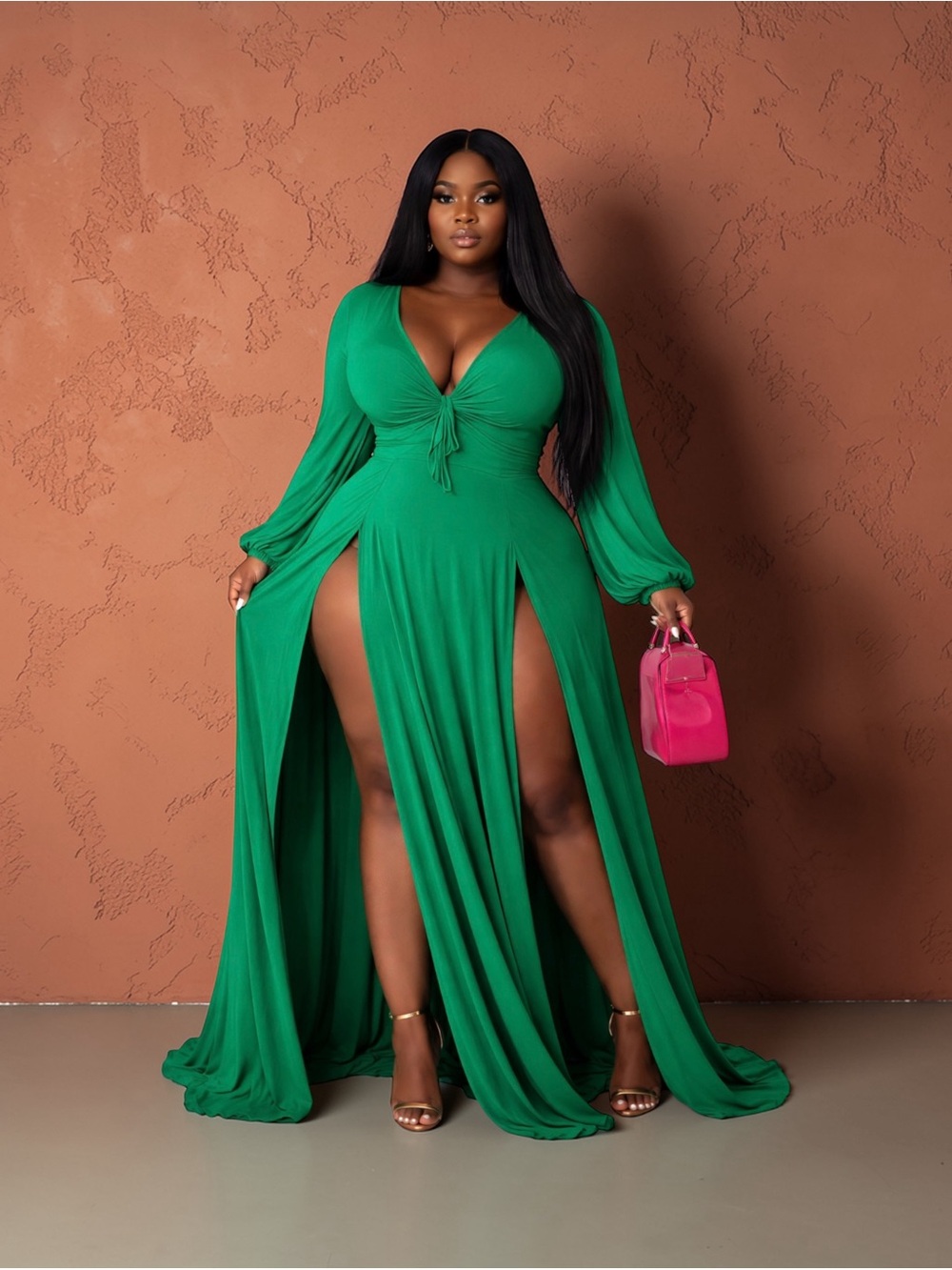 Green Long-Slit Maxi Dress with Tie Front